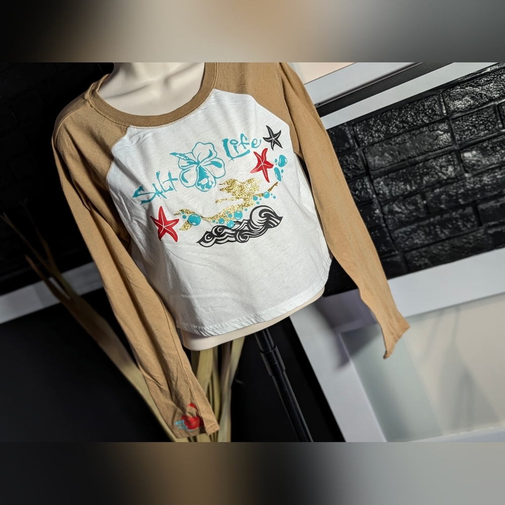 Mermaid Ocean Vibes Starfish Glitter Crop Top Tee LG-XL
